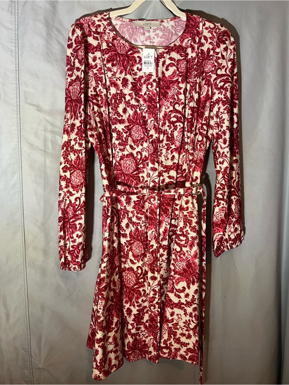 LOFT Cream and Red Floral Long Sleeve Belted Dress